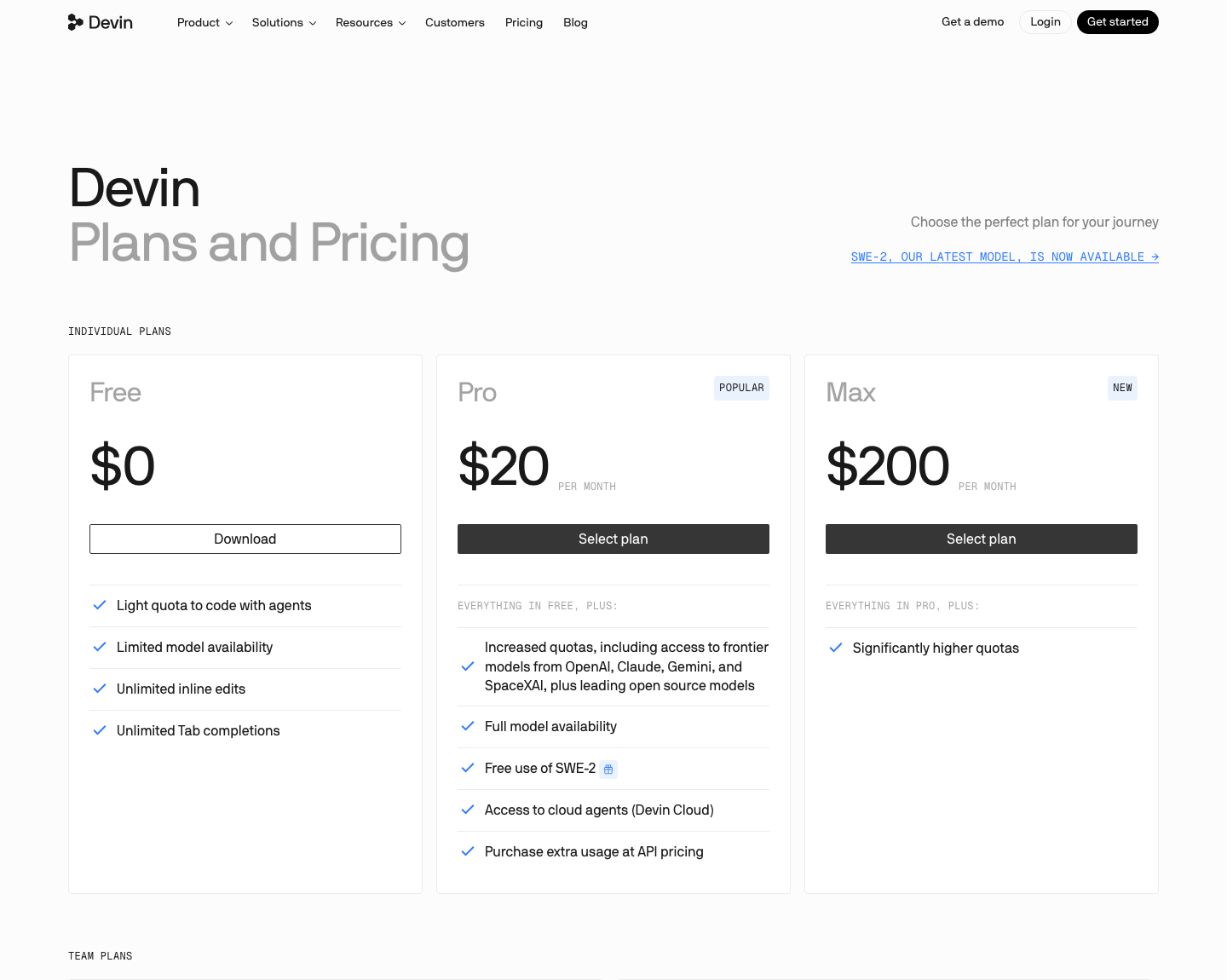 windsurf.com/pricing redirecting to devin.ai/pricing with Devin's free, pro and max plans